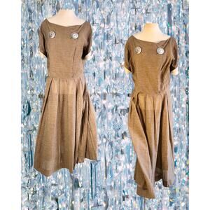 1950s Eisenberg Originals Nutmeg Brown Pleated Circle Skirt Shirtwaist Dress L